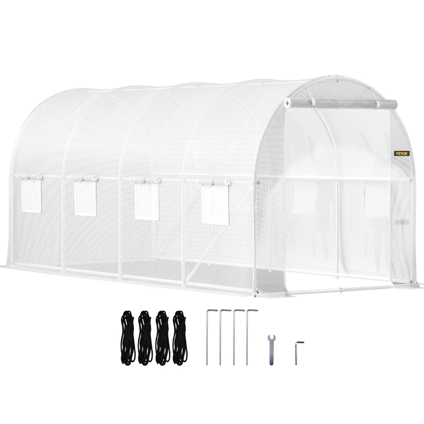 VEVOR 15x6.5x7 ft Walk-in Tunnel Greenhouse, Portable Plant Hot House with Steel Frame & Roll-up Windows, White