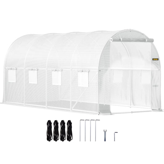 VEVOR 15x6.5x7 ft Walk-in Tunnel Greenhouse, Portable Plant Hot House with Steel Frame & Roll-up Windows, White