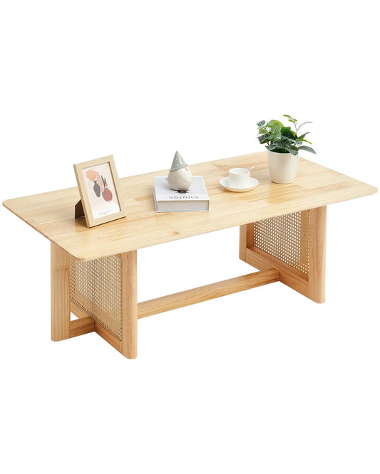 VEVOR Rattan Coffee Table, Rectangle Rattan Woven Wood Mid Century Coffee Table with Rubber Wood Top, 47-Inch Modern Boho Storage Coffee Table with Natural Wood Legs, for Living Room, Bedroom & Small Spaces