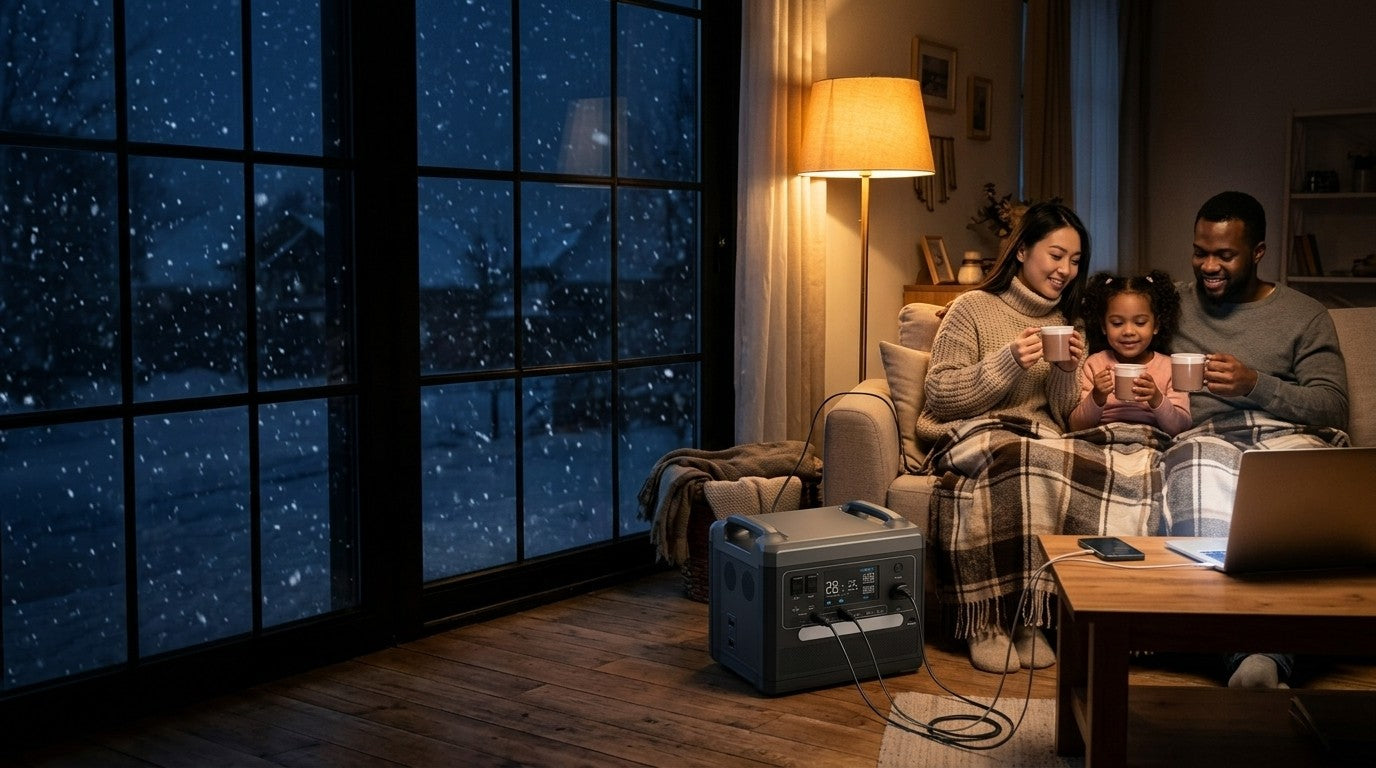 Family staying warm with lamp and laptop powered by a portable power station during a winter outage